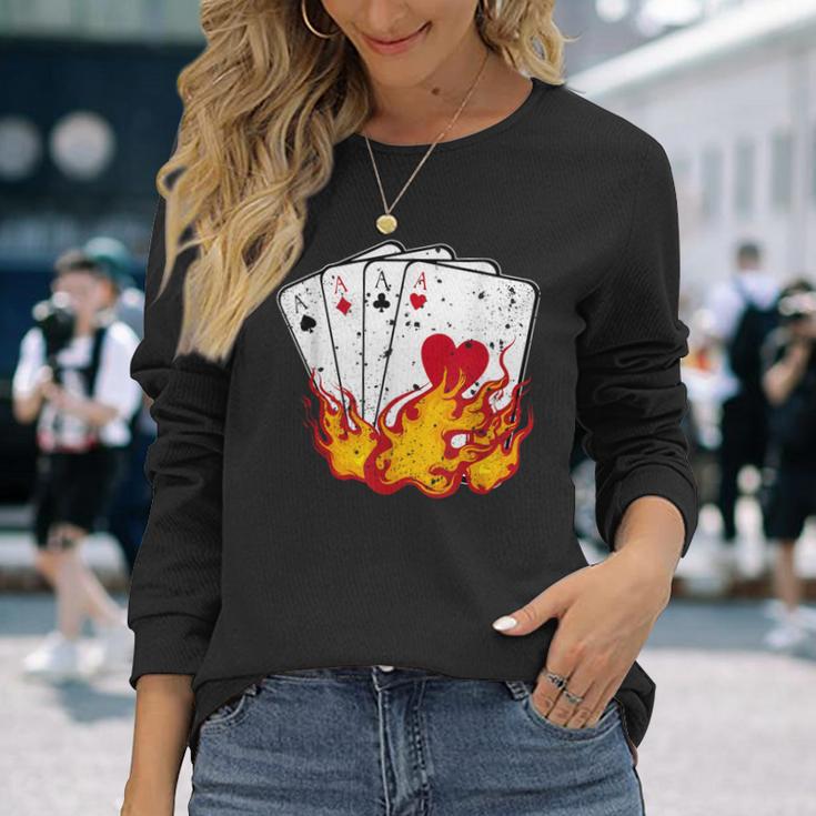 Poker 4 Aces Flames Texas Holdem Lucky Poker Long Sleeve T-Shirt Gifts for Her