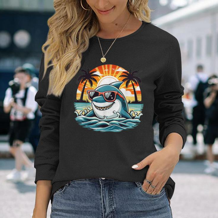 Retro Shark In Sunglasses 70S 80S 90S Cool Ocean Shark Long Sleeve T-Shirt Gifts for Her