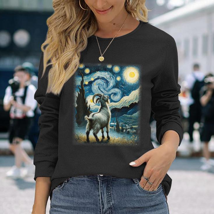 Goat Star Gazer Artistic Van Gogh Style Starry Night Goat Long Sleeve T-Shirt Gifts for Her