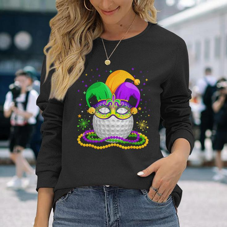 Golf Wearing Jester Hat Masked Beads Mardi Gras Player Long Sleeve T-Shirt Gifts for Her