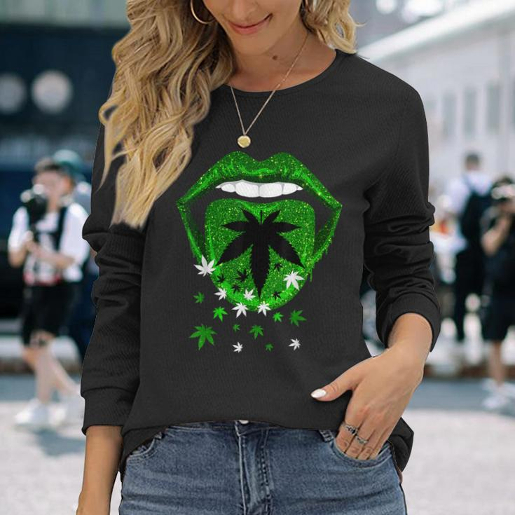 Green Sexy Lips Biting Cool Cannabis Marijuana Weed Pot Leaf Long Sleeve T-Shirt Gifts for Her