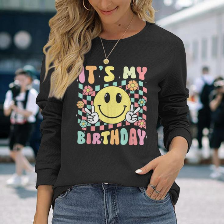 Groovy It's My Birthday Retro Smile Face Bday Party Hippie Long Sleeve T-Shirt Gifts for Her