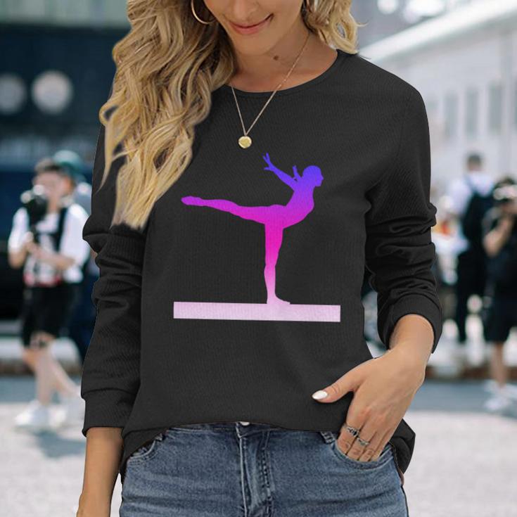 Gymnastics Balance Beam Pink And Purple Watercolor Long Sleeve T-Shirt Gifts for Her