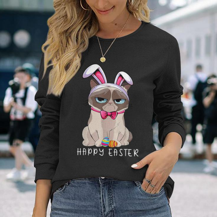 Happy Easter Bunny Pajama Dress Cat Grumpy Rabbit Ears Long Sleeve T-Shirt Gifts for Her