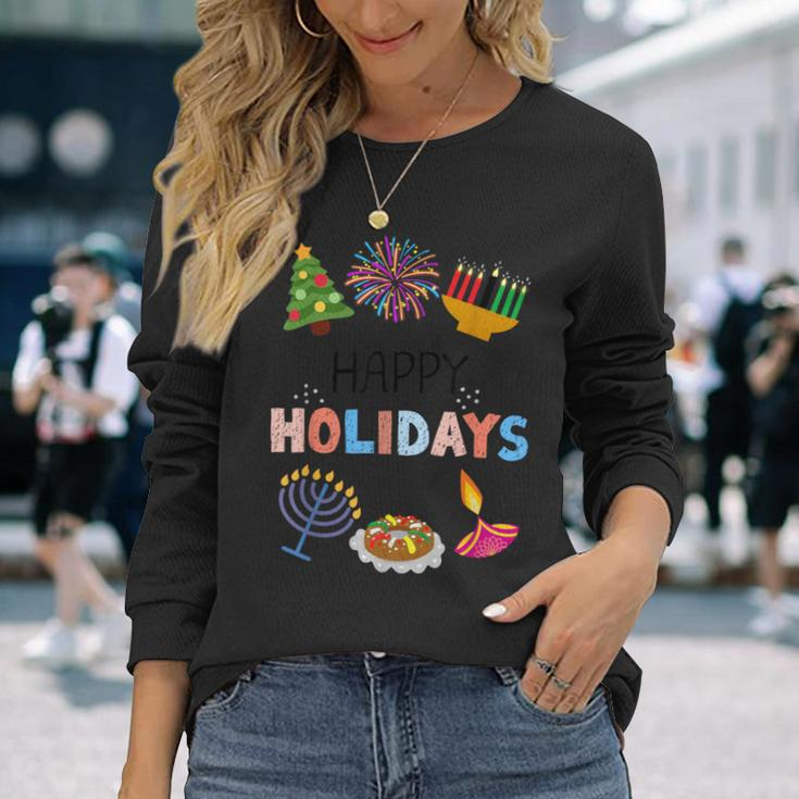 Happy Holidays Diwali Kwanzaa Hanukkah Christmas Long Sleeve T-Shirt Gifts for Her