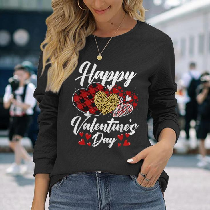 Happy Valentine's Day Hearts With Leopard Plaid Valentine Long Sleeve T-Shirt Gifts for Her