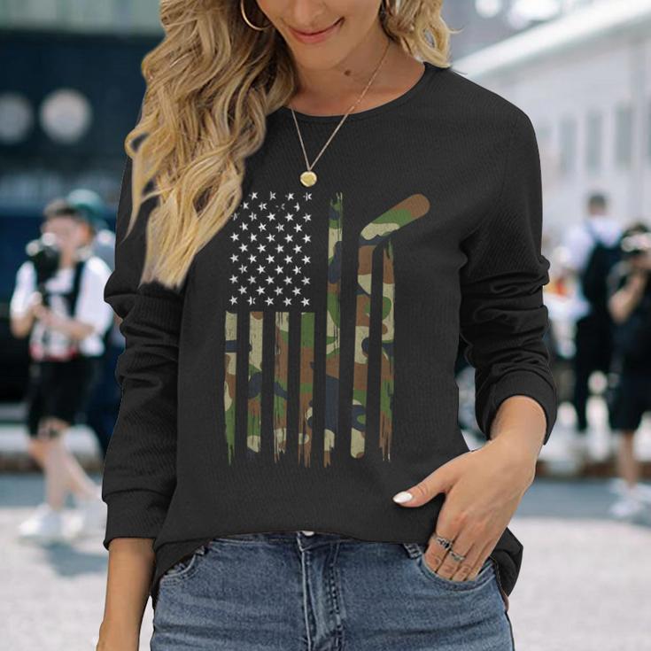 Hockey American Flag Camo Us Patriotic Hockey Player Long Sleeve T-Shirt Gifts for Her