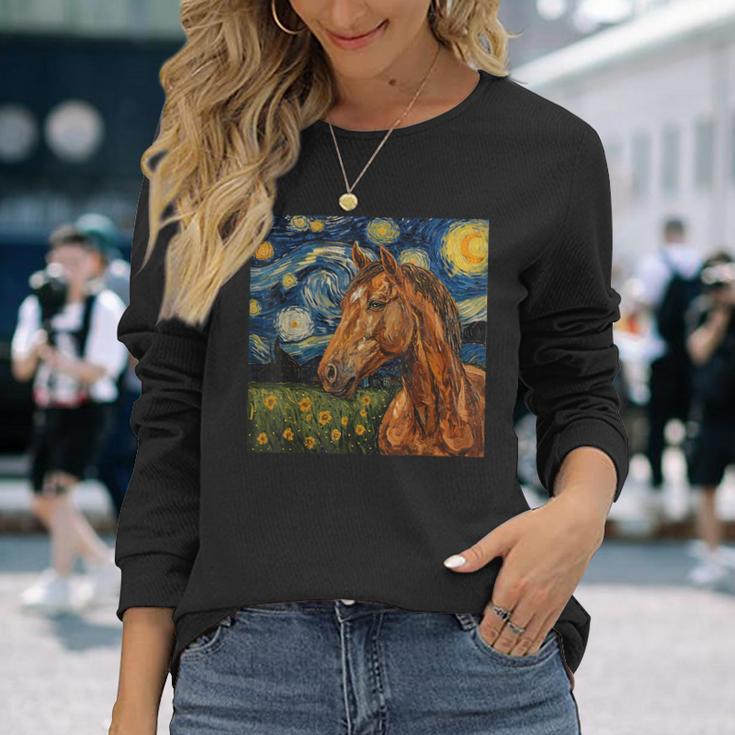 Horse Lover Van Gogh Style Starry Night Graphic Long Sleeve T-Shirt Gifts for Her