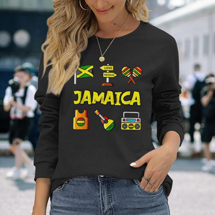 Jamaica Icons Jamaican Flag Love Reggae Guitar Maracas Long Sleeve T-Shirt Gifts for Her