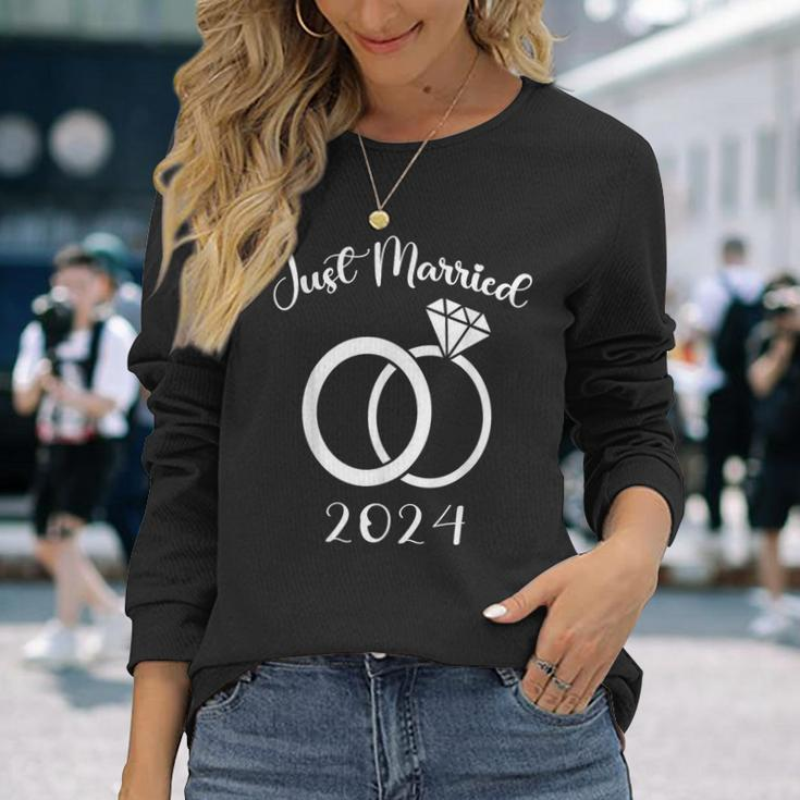 Just Married 2024 Wedding Rings Matching Couple Newlyweds Long Sleeve T-Shirt Gifts for Her