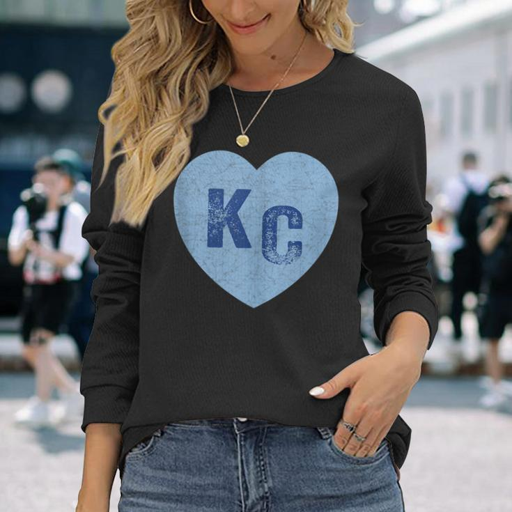 Kansas City Heart Kc Hearts I Love Kc Letters Blue Vintage Long Sleeve T-Shirt Gifts for Her