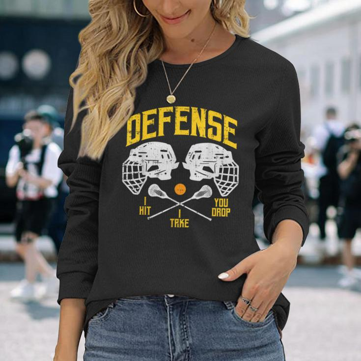 Lacrosse Defense I Hit Take You Drop Lax Player Boys Long Sleeve T-Shirt Gifts for Her