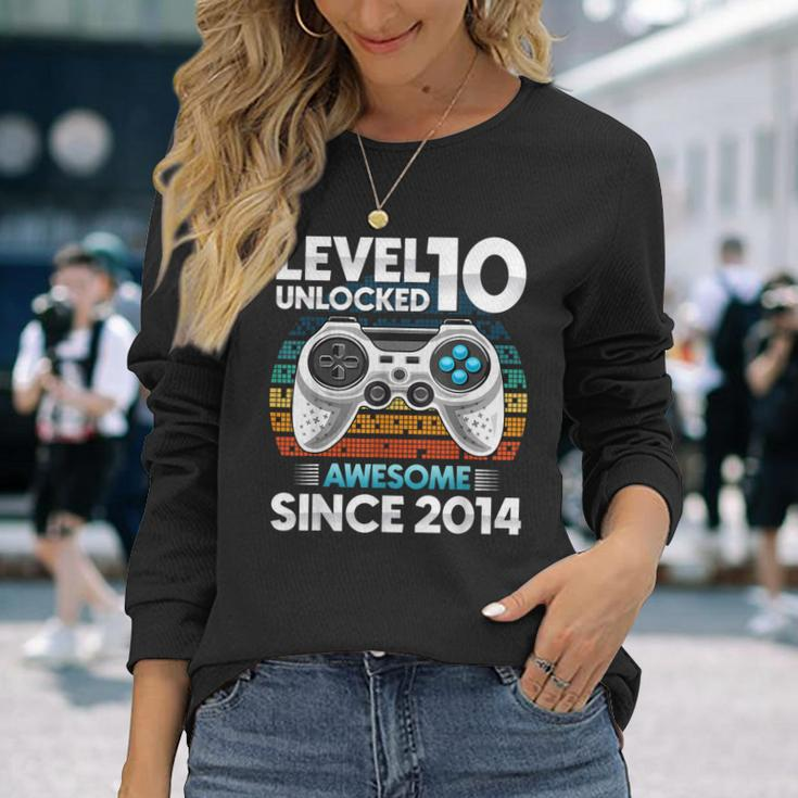 Level 10 Unlocked Awesome Since 2014 10Th Birthday Boys Long Sleeve T-Shirt Gifts for Her