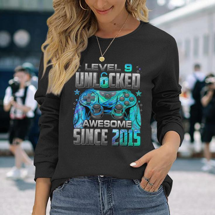 Level 9 Unlocked Awesome Since 2015 9Th Birthday Gaming Long Sleeve T-Shirt Gifts for Her