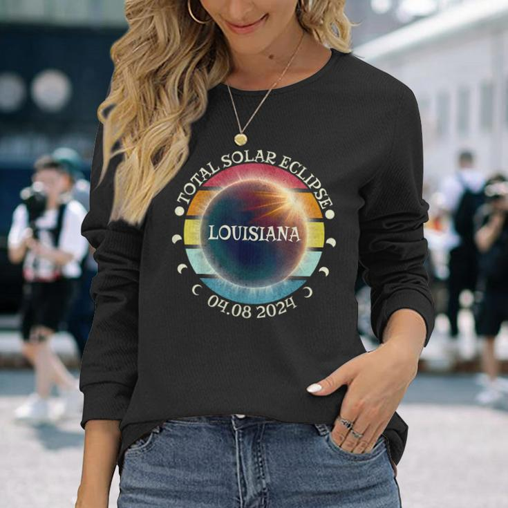 Louisiana Total Solar Eclipse April 8Th 2024 Retro Vintage Long Sleeve T-Shirt Gifts for Her