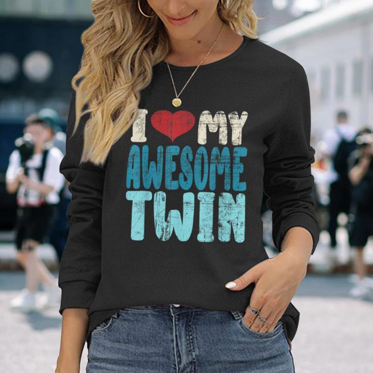 I Love My Awesome Twin Twins Brothers Matching Distressed Long Sleeve T-Shirt Gifts for Her