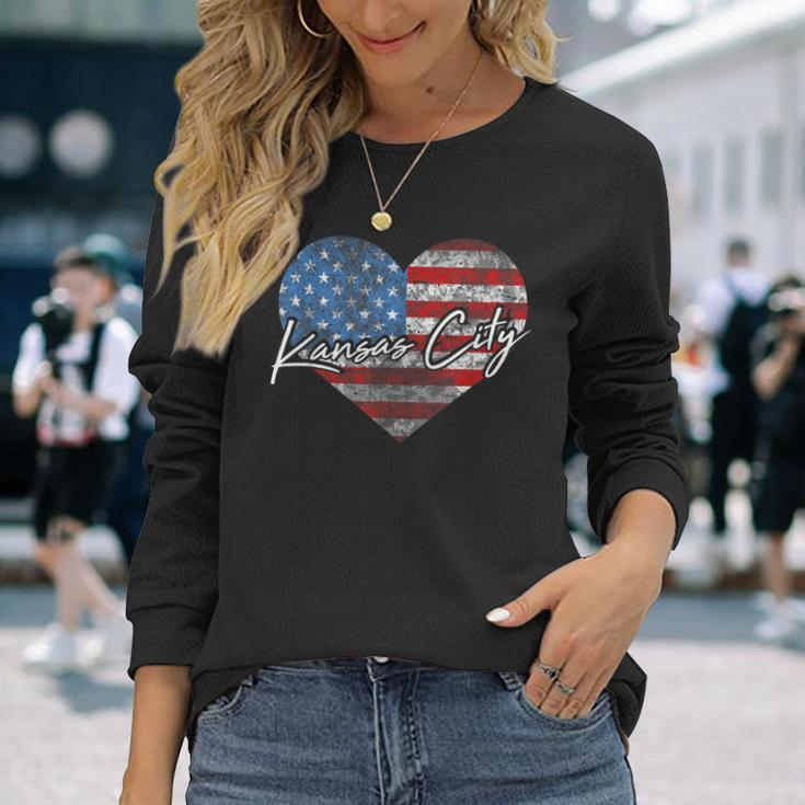 I Love Kansas City American Flag Heart Souvenir Long Sleeve T-Shirt Gifts for Her