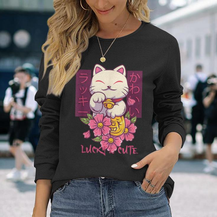 Lucky And Cute Japanese Lucky Cat Maneki Neko Good Luck Cat Long Sleeve T-Shirt Gifts for Her