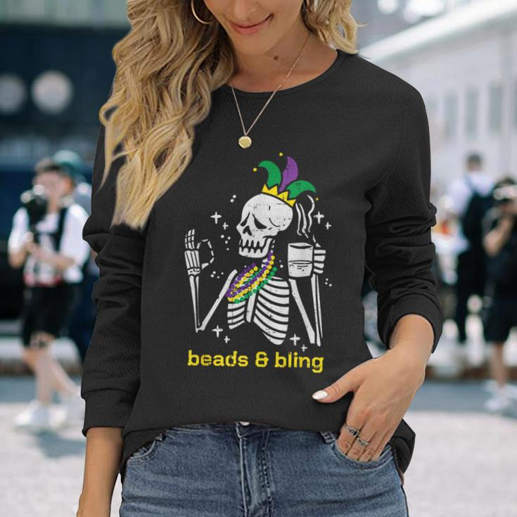Mardi Gras Skeleton Beads Bling Outfit Women Long Sleeve T-Shirt Gifts for Her