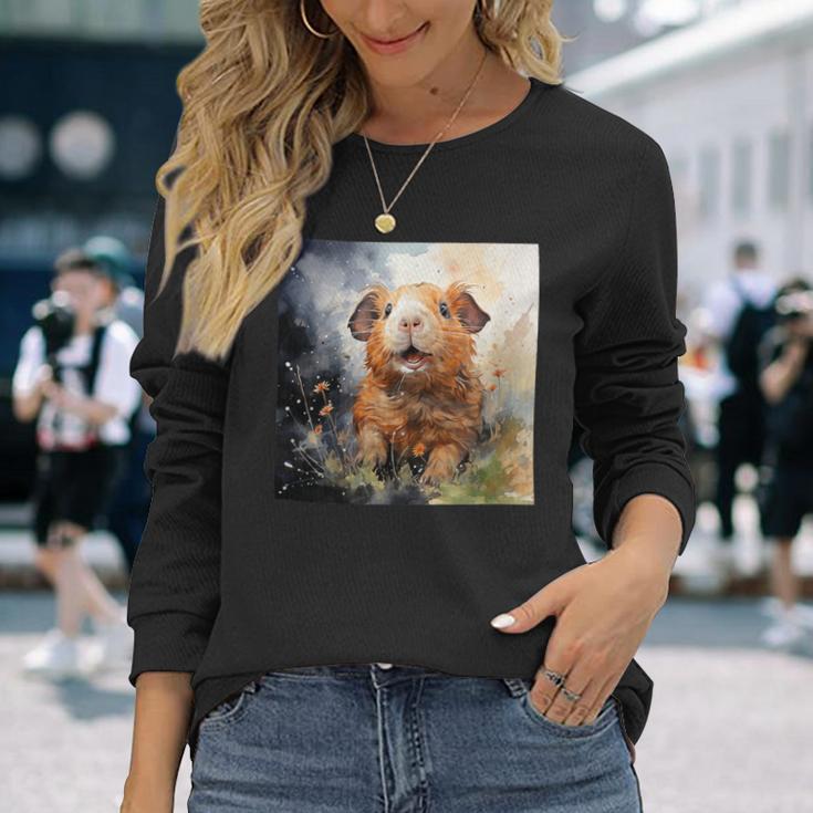 Meerschweinchen Blumen Aquarell Illustration Grafik Langarmshirts Geschenke für Sie