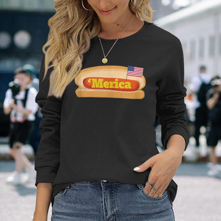 'Merica Hot Dog Flag Patriotic American Flag Hot Dog Long Sleeve T-Shirt Gifts for Her