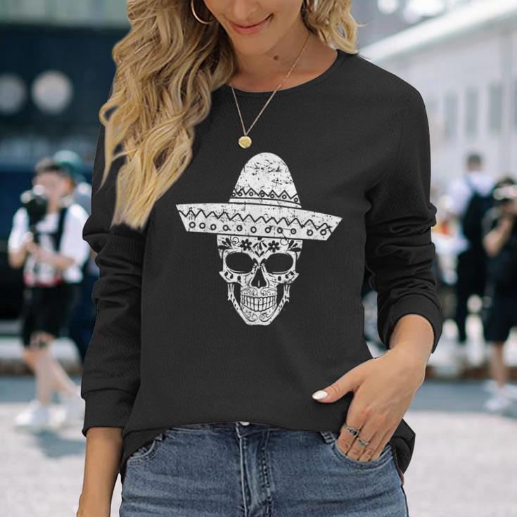 Mexican Sugar Skull Sombrero Cinco De Mayo Drink Long Sleeve T-Shirt Gifts for Her