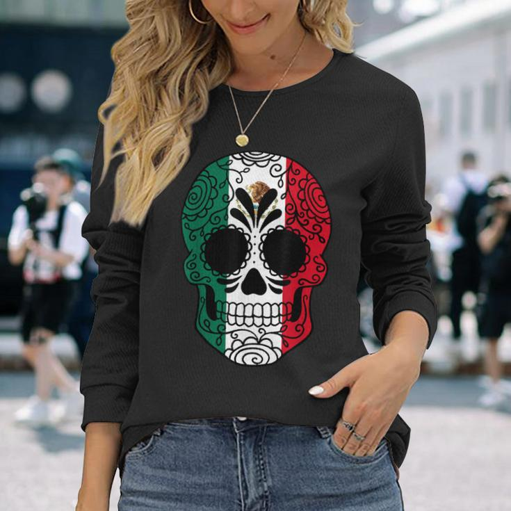 Mexico Flag Sugar Skull Mexican Long Sleeve T-Shirt Gifts for Her