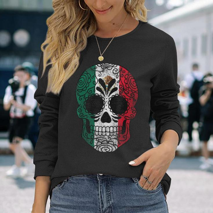 Mexico Flag Sugar Skull Mexican Vintage Long Sleeve T-Shirt Gifts for Her