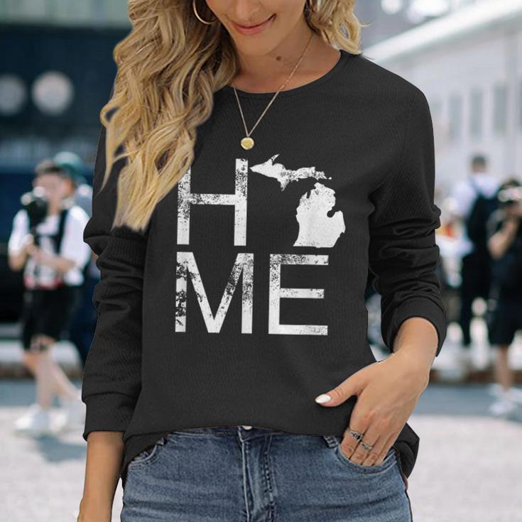 Michigan Home Mi State Love Pride Map Distressed Long Sleeve T-Shirt Gifts for Her