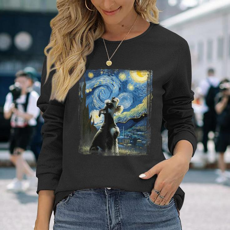 Mini Schnauzer Dog Van Gogh Starry Night Miniature Schnauzer Long Sleeve T-Shirt Gifts for Her