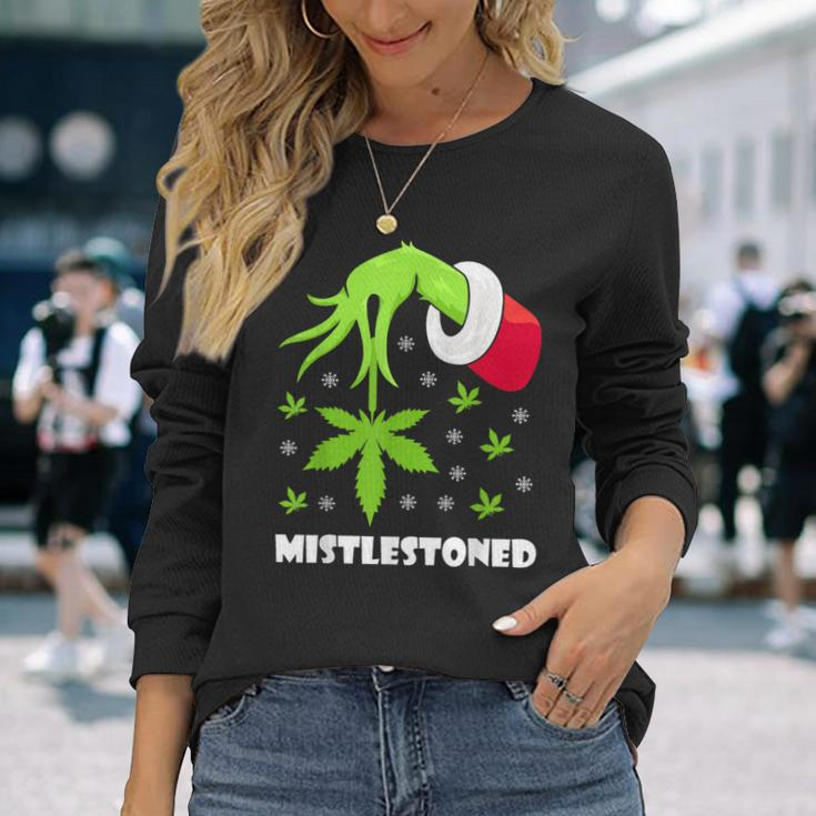 Mistlestoned Weed Leaf Cannabis Marijuana Ugly Christmas Long Sleeve T-Shirt Gifts for Her