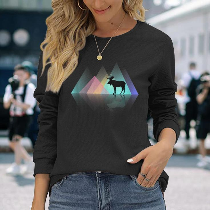 Moose Mountain Cute Colorful Geometric Pattern Silhouette Long Sleeve T-Shirt Gifts for Her