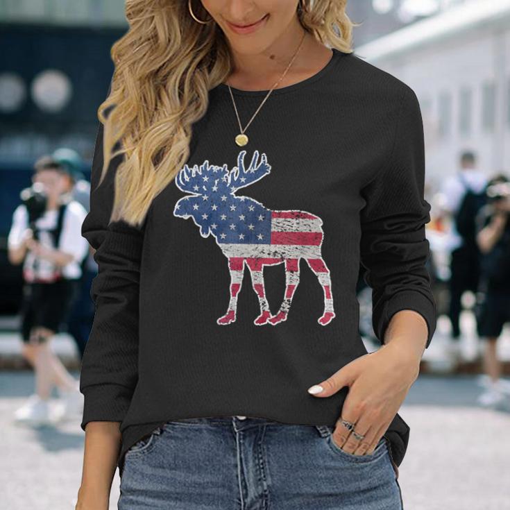 Moose Usa Flag Colorful Retro Vintage Long Sleeve T-Shirt Gifts for Her