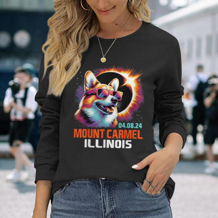 Mount Carmel Illinois Total Solar Eclipse 2024 Corgi Dog Long Sleeve T-Shirt Gifts for Her