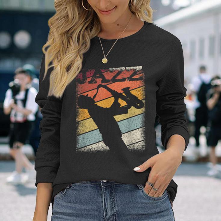 Music Retro Blues Man Plays Saxophone Jazz Long Sleeve T-Shirt Gifts for Her