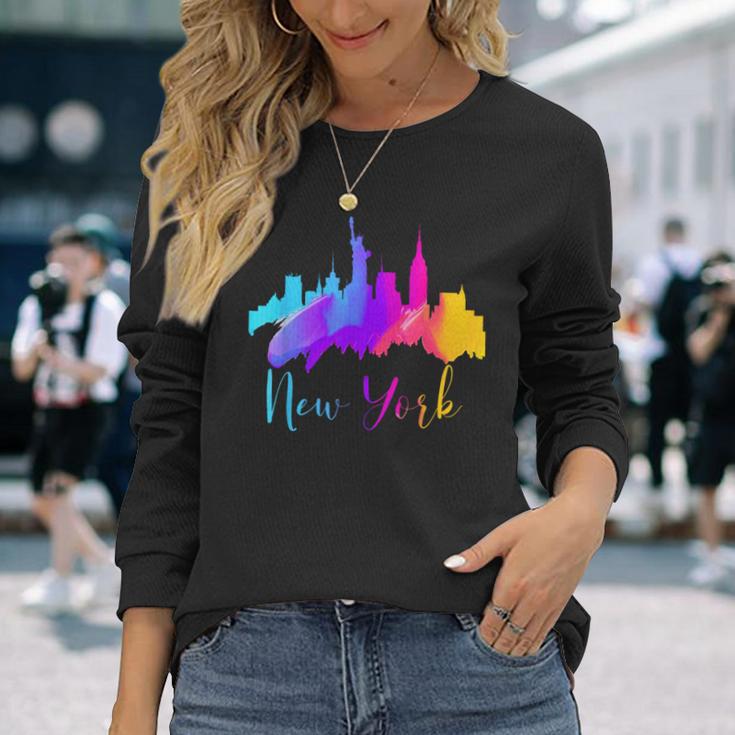 New York Watercolor Skyline Souvenir Nyc Liberty Big Apple Long Sleeve T-Shirt Gifts for Her