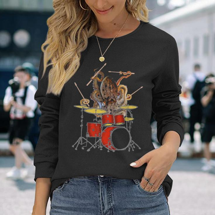 Octopus Playing Drums Unique Drummer Long Sleeve T-Shirt Gifts for Her