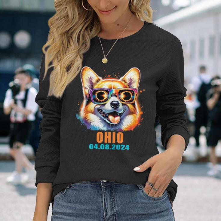 Ohio Total Solar Eclipse 2024 Corgi Dog Eclipse Glasses Long Sleeve T-Shirt Gifts for Her