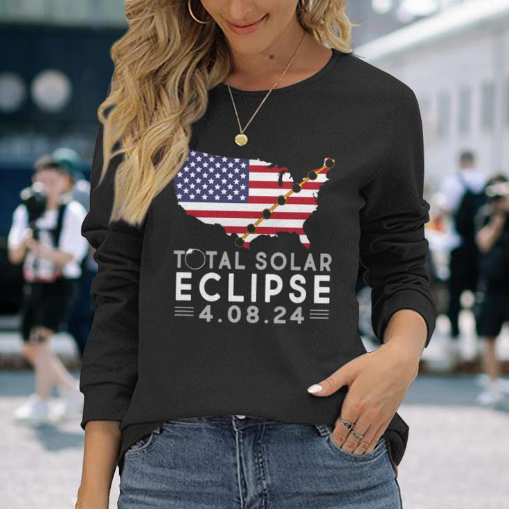 Path Of Totality America Eclipse Usa Map Total Solar 2024 Long Sleeve T-Shirt Gifts for Her