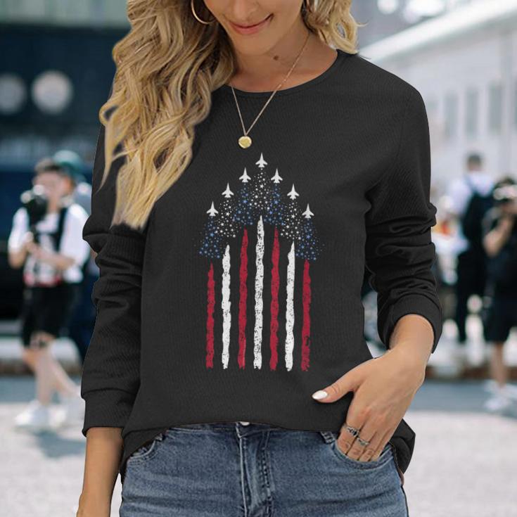 Patriotic Stars Red White Blue Usa Fighter Jets 4Th Of July Long Sleeve T-Shirt Gifts for Her