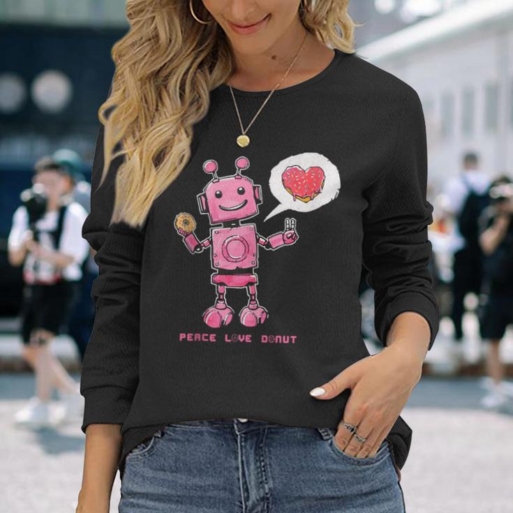 Peace Love Donuts Retro Robot Long Sleeve T-Shirt Gifts for Her