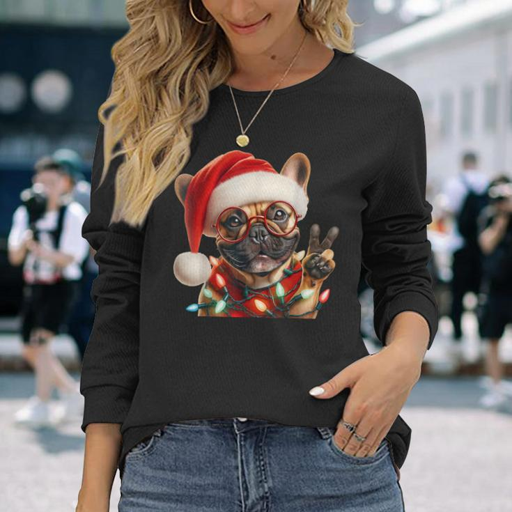 Peace Sign Hand French Bulldog Santa Christmas Dog Pajamas Long Sleeve T-Shirt Gifts for Her