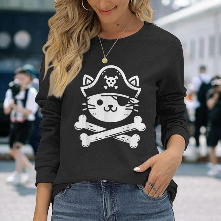 Pirate Cat Crossbones Cat Lover Cats Kitten Owner Long Sleeve T-Shirt Gifts for Her