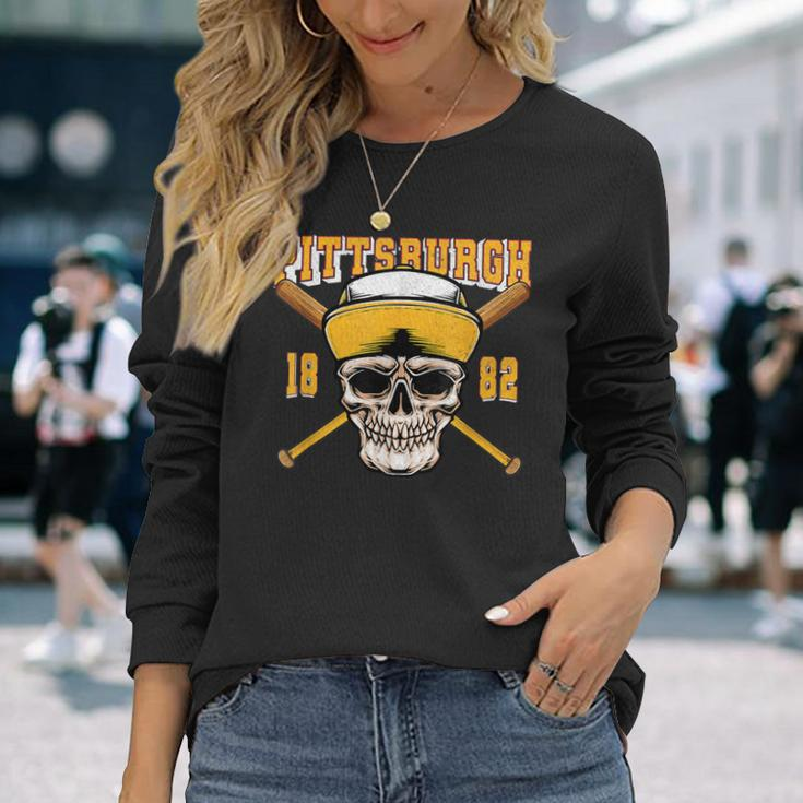 Pittsburgh Baseball Skyline Pennsylvania Player Coach Fan Long Sleeve T-Shirt Gifts for Her