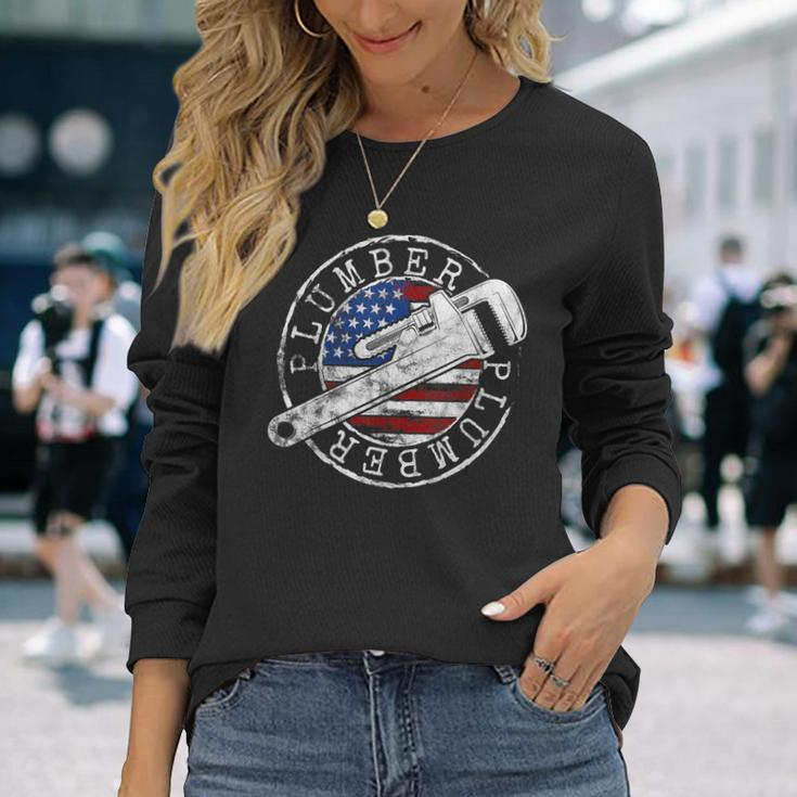 Plumber American Flag Plumbing Usa Patriot Stamp Style Long Sleeve T-Shirt Gifts for Her