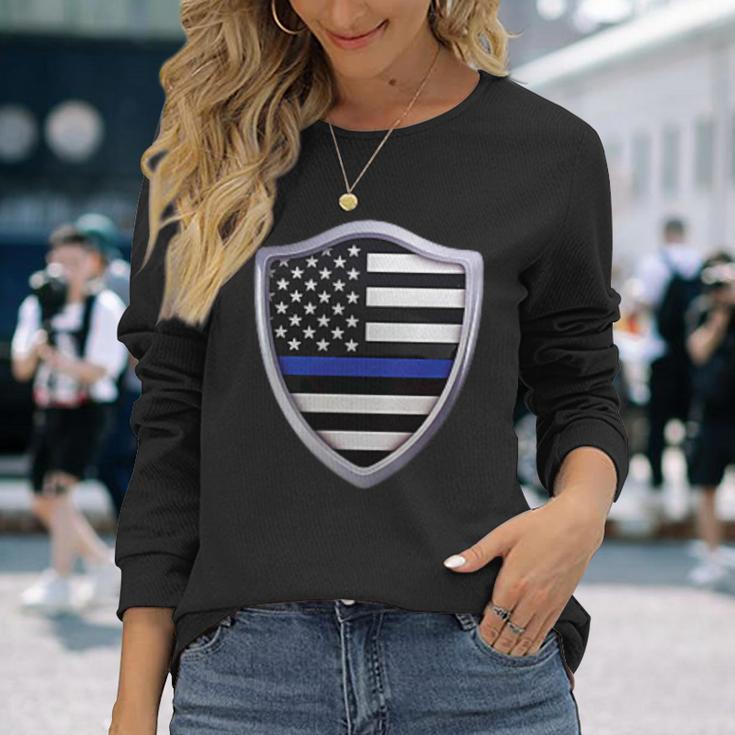 Police Blue Line Us Flag Police Shield Blue Lives Matter Long Sleeve T-Shirt Gifts for Her