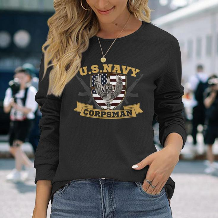 Proud Us Navy Corpsman Veteran Usa Flag Vintage Long Sleeve T-Shirt Gifts for Her