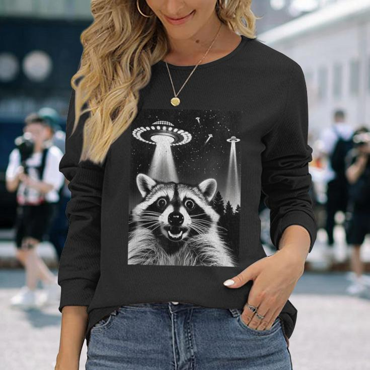 Raccoon Ufo Invasion Meme Alien Raccoon Ufo Selfie Long Sleeve T-Shirt Gifts for Her