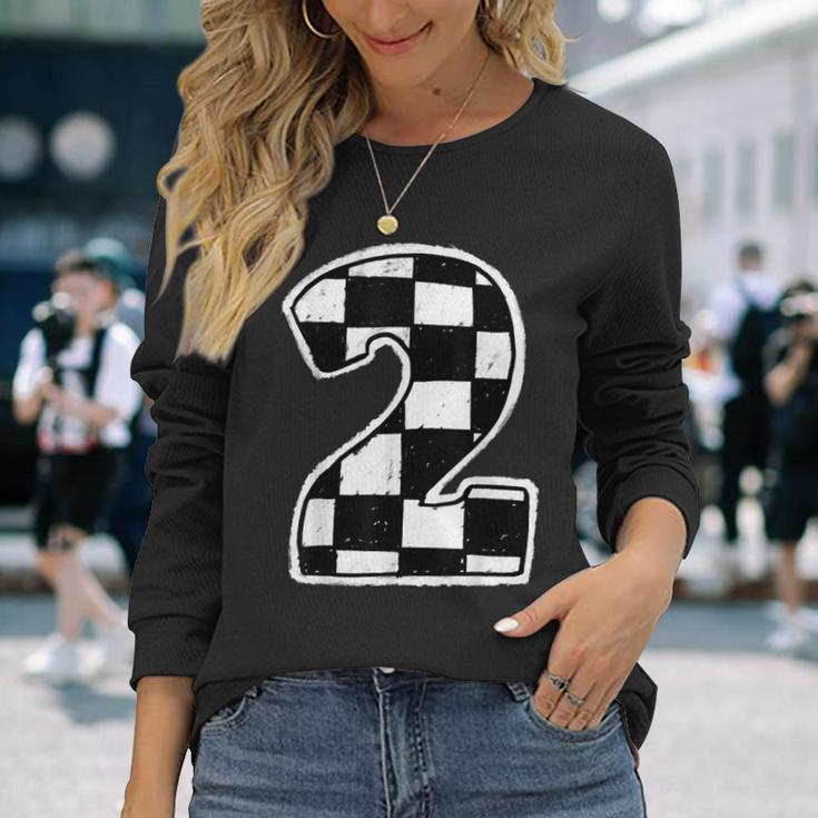 Race Car 2Nd Birthday Boy 2 Two Racing Car Flag Theme Party Long Sleeve T-Shirt Gifts for Her