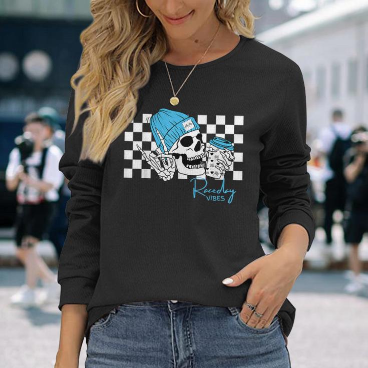 Raceday Vibes Checkered Flag Racing Skull Dirt Track Racing Long Sleeve T-Shirt Gifts for Her